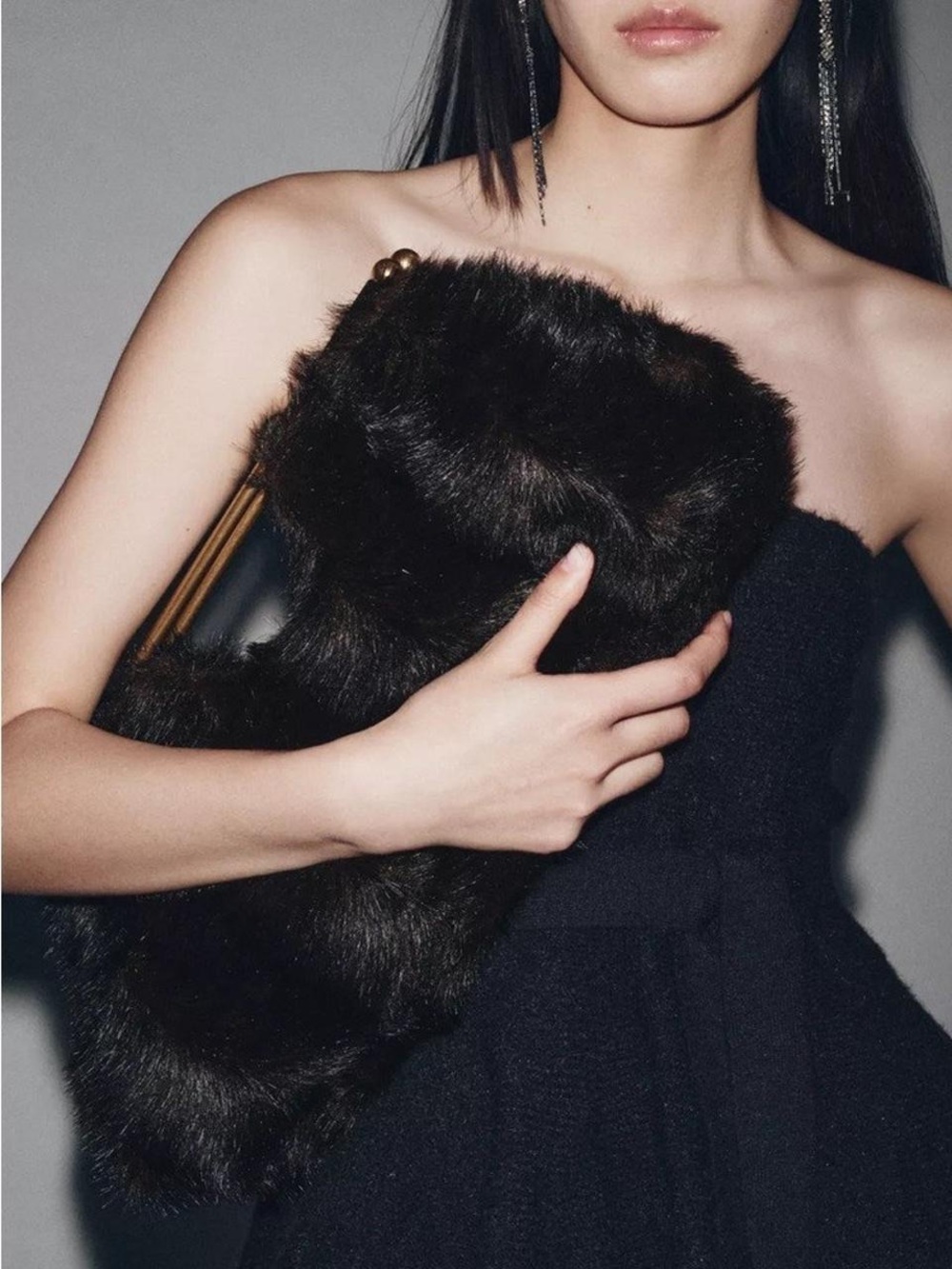 Zara Dark Brown Faux Fur Clutch with Gold Frame